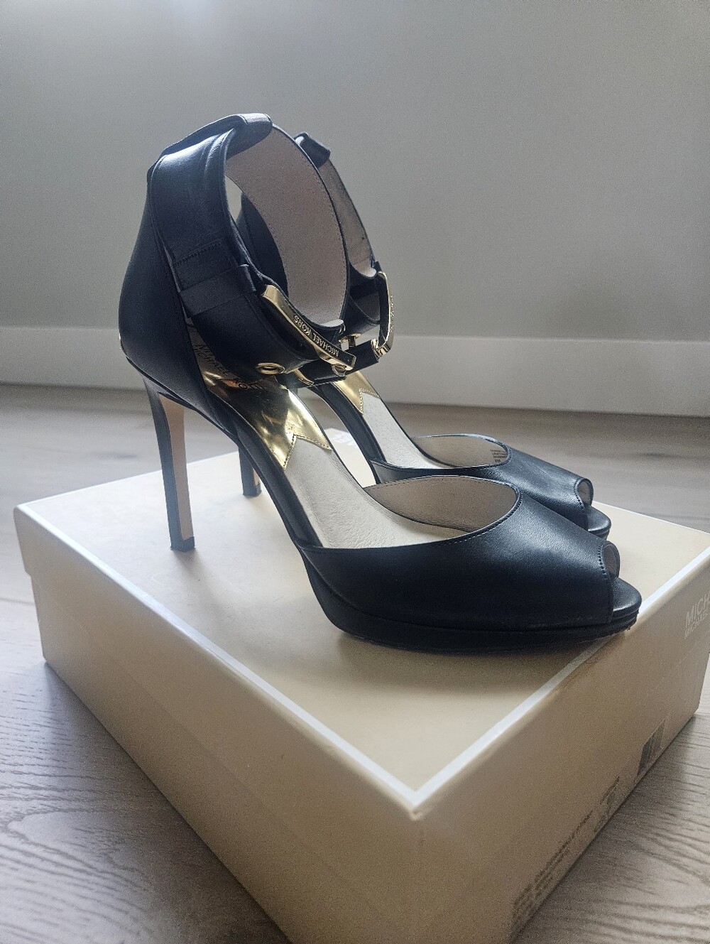 Michael Kors Calder Black Peep-Toe High Heel Strap Sandals